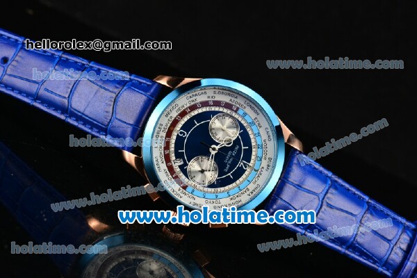 Patek Philippe Complicated World Time Chrono Miyota Quartz Rose Gold Case with White/Blue Dial and Blue Bezel - Click Image to Close
